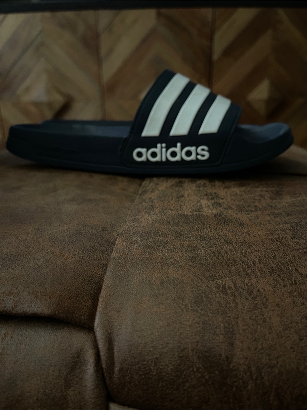adidas Blue Slide Sandals with White Stripes